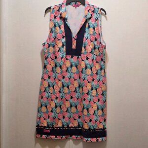 Simply Southern Pink & Yellow Pineapple Dress V-Neck Blue Trim Sleeveless XL